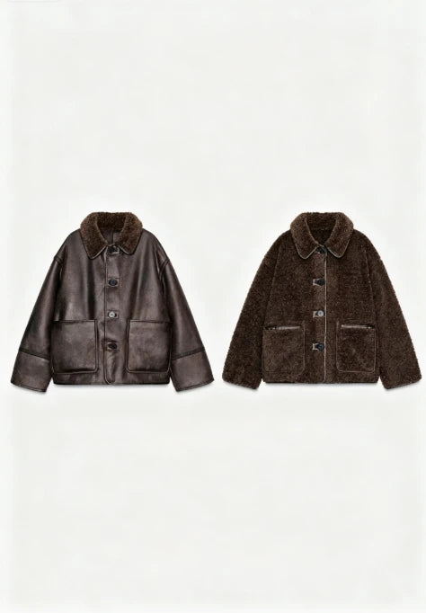 Women 2025 Autumn Winter Warm Outerwear Chic Faux Leather & Fur Reversibler Coat Fashion Lapel Single Breasted Street Jacket