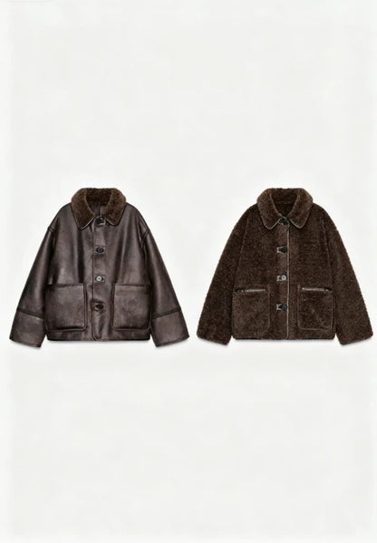 Women 2025 Autumn Winter Warm Outerwear Chic Faux Leather & Fur Reversibler Coat Fashion Lapel Single Breasted Street Jacket