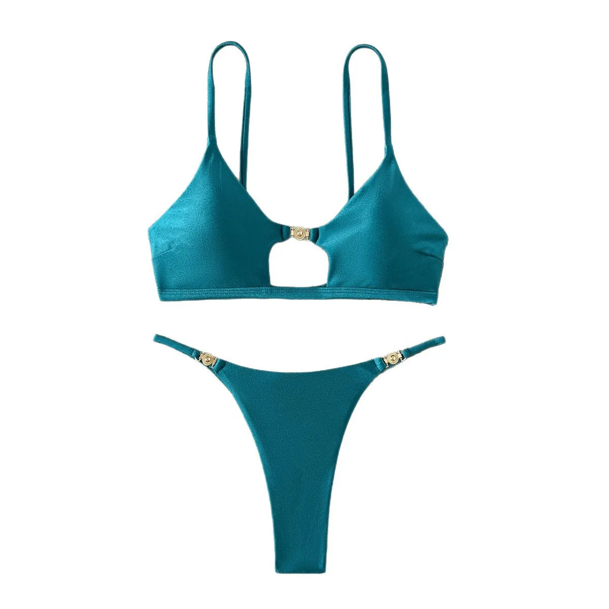 Nuovo set bikini sexy e lucido con taglio alto, costume da bagno lucido per donna, top a triangolo push-up, slip brasiliano sgambato, vacanza al mare e in piscina.