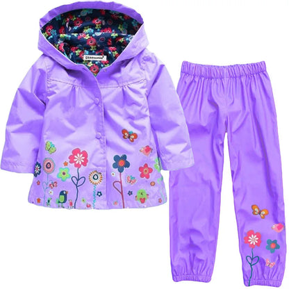Completo impermeabile primavera/autunno per bambine, giacca antipioggia con motivo floreale + pantaloni, 2 pezzi, taglie 2 3 4 5 6 anni, abbigliamento per bambini