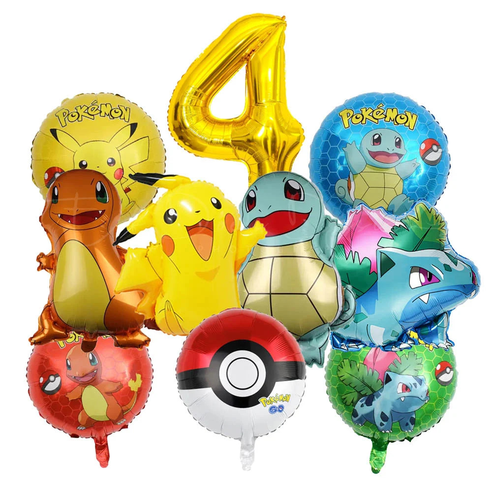 10pcs Cartoon Theme Party Balloon jump Pikachu Little Fire Dragon Jenny Turtle Foil Balloon Kids Birthday Party Decoration Gifts
