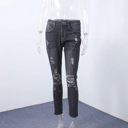 Women Ripped Jeans Tight Fitting Low Waist Skinny Zipper Pockets Woman Blue Denim Pants Lady Y2K 2026 Summer Hole Cropped Pants