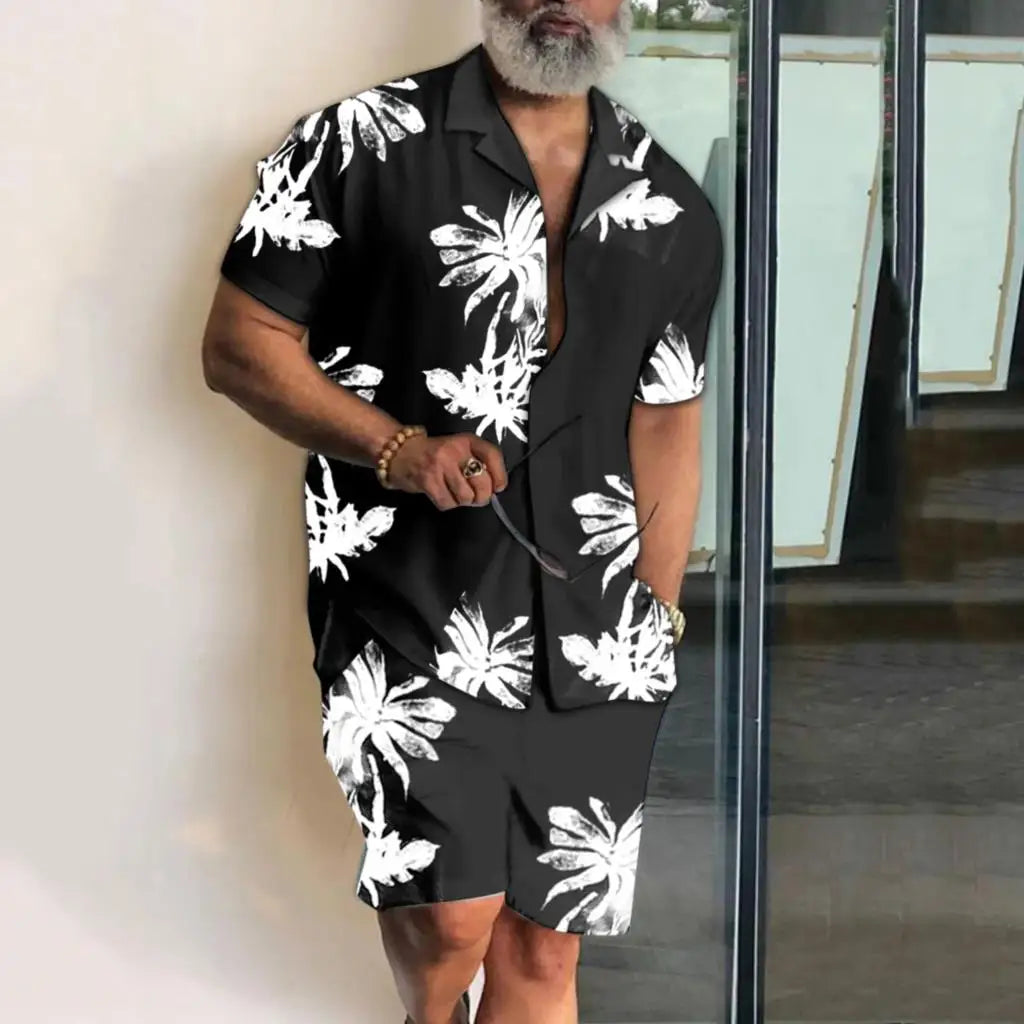 Completo da uomo con camicia a maniche corte e stampa 3D di palma da cocco, pantaloncini da spiaggia oversize, abbigliamento streetwear estivo e completi hawaiani.