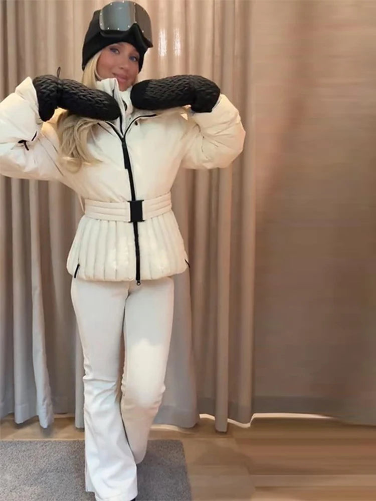 Women Hooded Tie-Waist Ski Suit Pink Flared Leg Fur Trim Water-Resistant Fabric 2025 Winter Outerwear Fashion Sweet Snow Suit