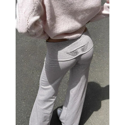 Felpa con cappuccio e pantaloni da donna autunno inverno, set da 2 pezzi, tinta unita, vintage, lucida, con stampa ad ali, manica lunga, con cerniera, casual, streetwear