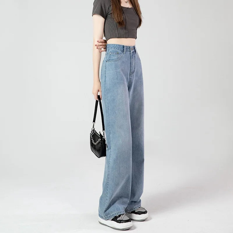 Jeans snellenti a vita alta e gamba larga da donna, modello ampio e comodo, nuova versione coreana, pantaloni lunghi fino al pavimento con gamba dritta e drappeggio.