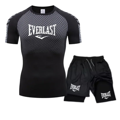 EVERLAST Maglietta a compressione da uomo + pantaloncini sportivi 2 in 1 Set 2 pezzi Tempo libero Traspirante Manica corta Sport Jogging Palestra Abbigliamento di marca Stampa