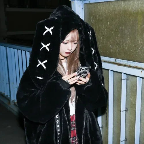 Japanese Harajuku Rabbit Ears Fur Purple Coat for women 2023 Winter New Women's Dark Punk Mid-Length Zipper Plush Coats Street