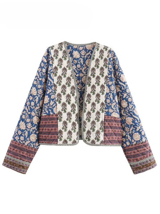 Vintage Women's Print Patchwork Cotton Jacket 2024 Quilted Long Sleeve Loose Short Warm Coat Autumn Winter Female Outwear