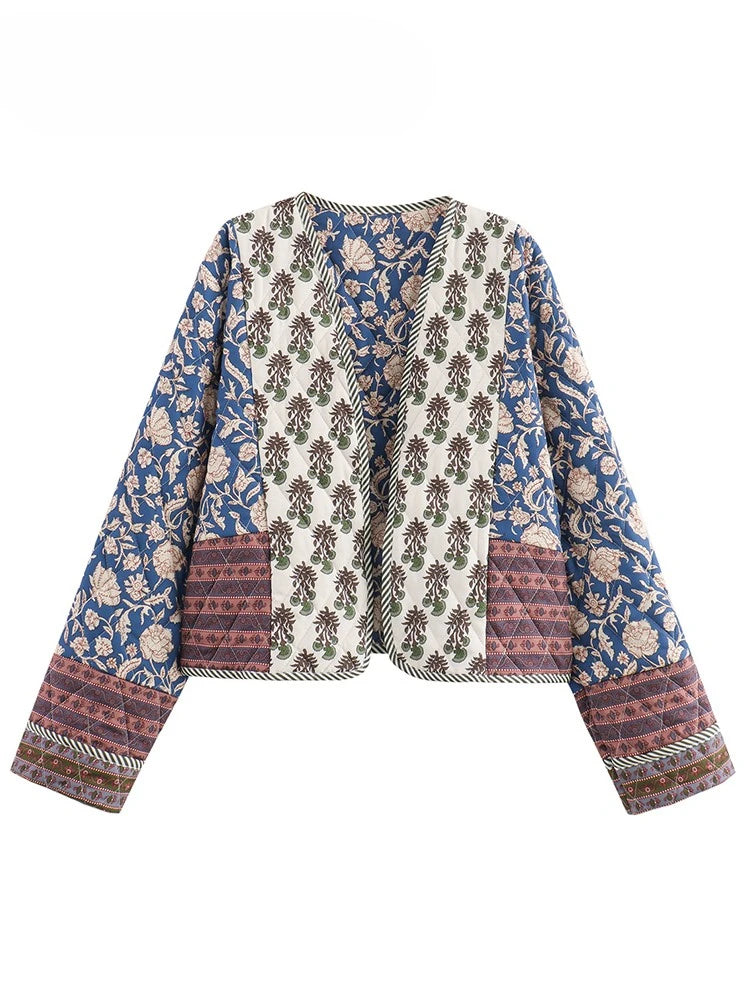 Vintage Women's Print Patchwork Cotton Jacket 2024 Quilted Long Sleeve Loose Short Warm Coat Autumn Winter Female Outwear