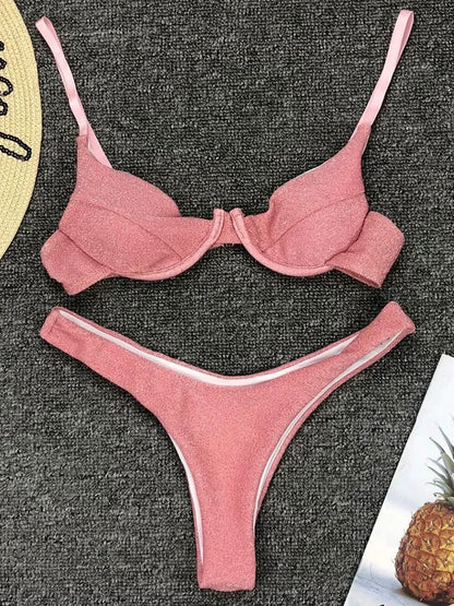 Bikini a V con ferretto e glitter scintillanti da donna, costume da bagno brasiliano a due pezzi, costume da bagno a triangolo.