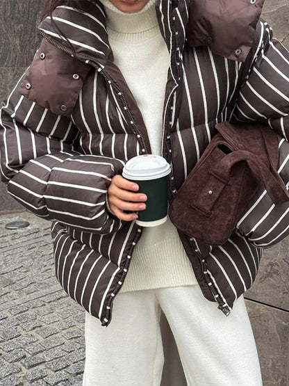 2025 Winter Striped Women's Hooded Quilted Jacket Thicken Zipper Long Sleeve Short Coat New Casual Female Loose Warm Outerwear