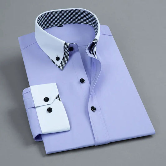 Camicia da uomo a maniche lunghe, non stirabile, a doppio strato, formale, vestibilità regolare, da ufficio, alla moda, bianca e blu.