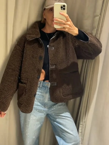 Women 2025 Autumn Winter Warm Outerwear Chic Faux Leather & Fur Reversibler Coat Fashion Lapel Single Breasted Street Jacket