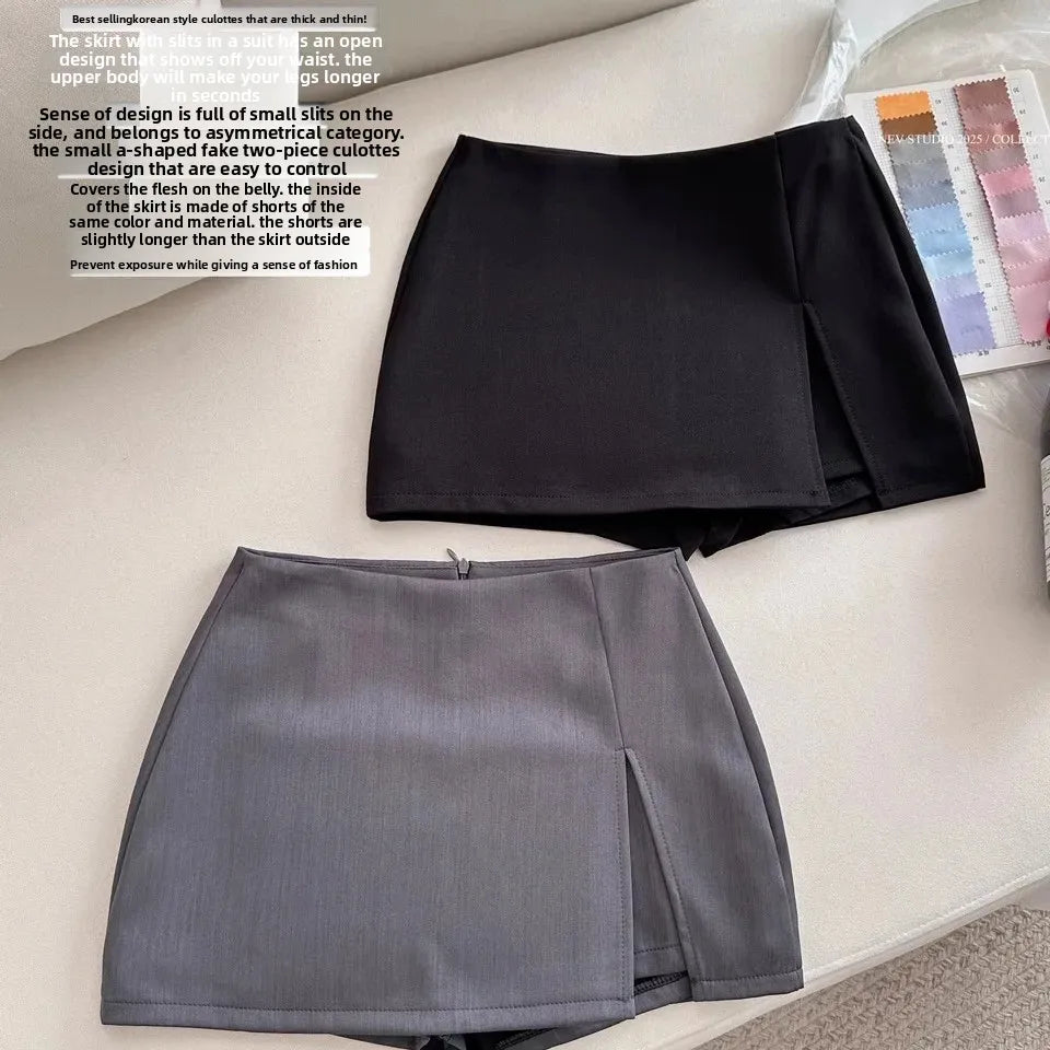 Slim Fit A- Line Mini Skirt with Slits for Women Summer Business Casual Anti-Light Short Skirt Trendy Polyester Fiber