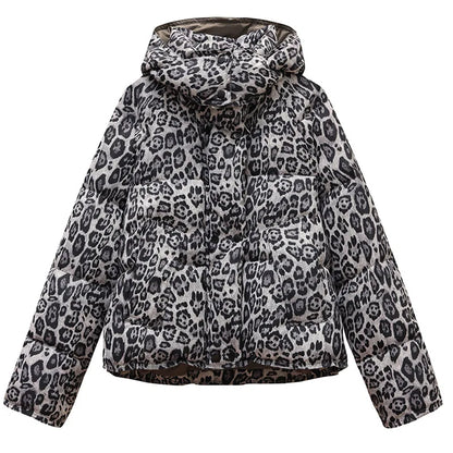 American Retro Short Cotton Jacket Women's Leopard Print Loose Hooded Padded Clothes Fashion Stand Collar Thickened Quilted Coat
