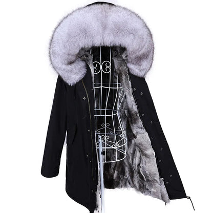 Maomaokong 2022 Giacca invernale da donna Parka lungo Impermeabile Grande pelliccia di volpe naturale vera Collo di pelliccia di procione Cappuccio Fodera in caldo coniglio