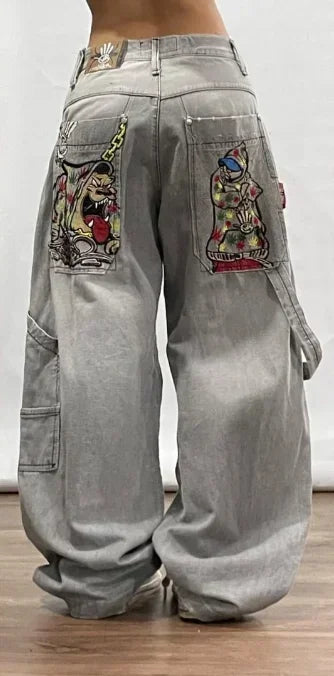 2024 New American Trend Retro Hip-hop Embroidery Pattern Baggy Jeans For Men And Women Y2K Harajuku Gothic Wide Pants Streetwear