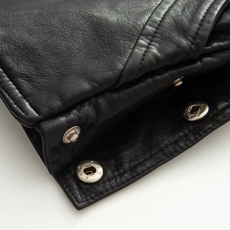 2025 Autumn American Retro Women Washing Black PU Leather Jacket Lapel 3 Buttons Full Sleeve Oversize Coat Loose Short Outerwear