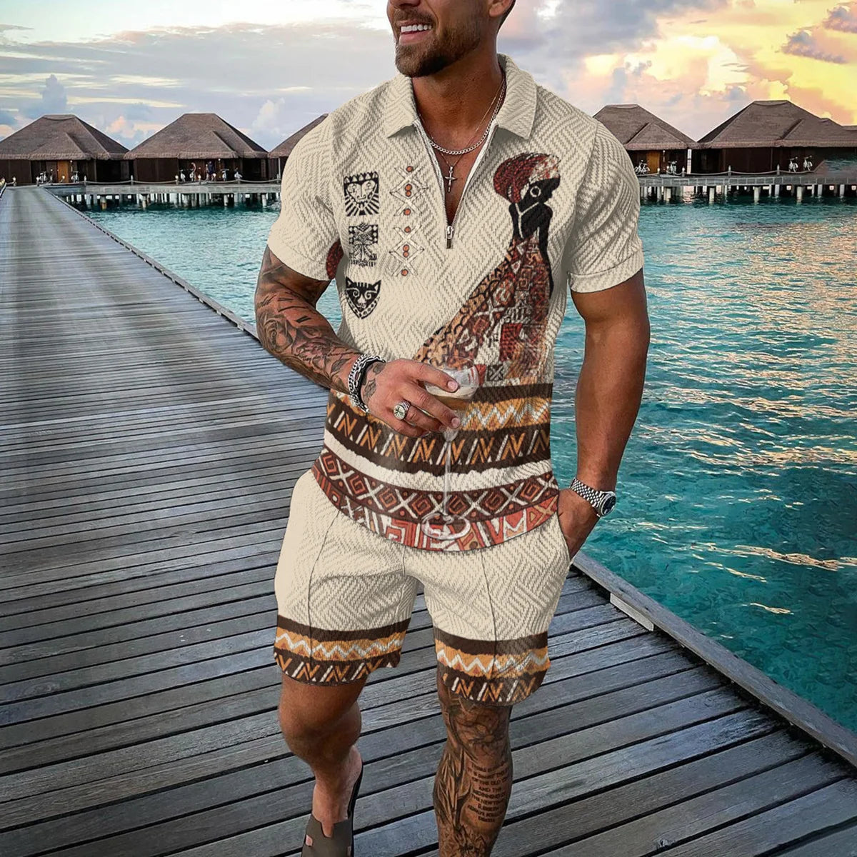 Completo estivo da uomo con stampa 3D, composto da polo con cerniera e pantaloncini, 2 pezzi, stile boho geometrico, abbigliamento per le vacanze.