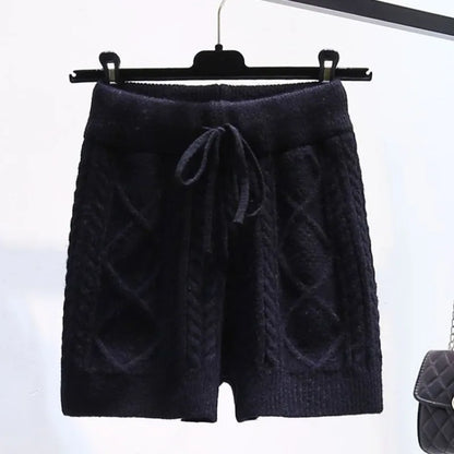Autumn Elastic Woman Wrap Hip Knit Shorts Hot Sweet High Waist Twist Thick Outwear Shorts Casual Straight Striped Home Shorts