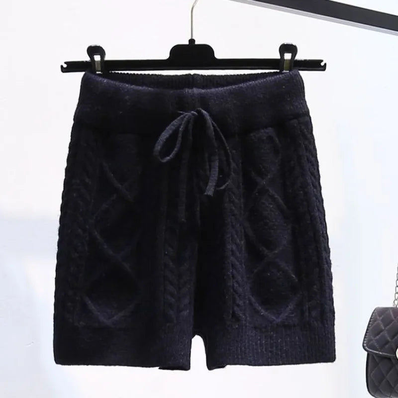 Pantaloncini da donna elasticizzati a vita alta con torsione, caldi e dolci, spessi, ideali per la casa, casual, dritti, a righe.