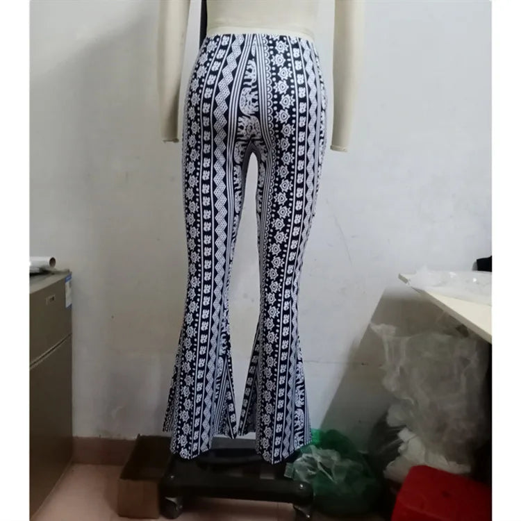 Pantaloni da donna aderenti a zampa d'elefante con stampa retrò a rose, fondo a campana grande, stile boho, stampa primavera estate, Pantalones De Mujer