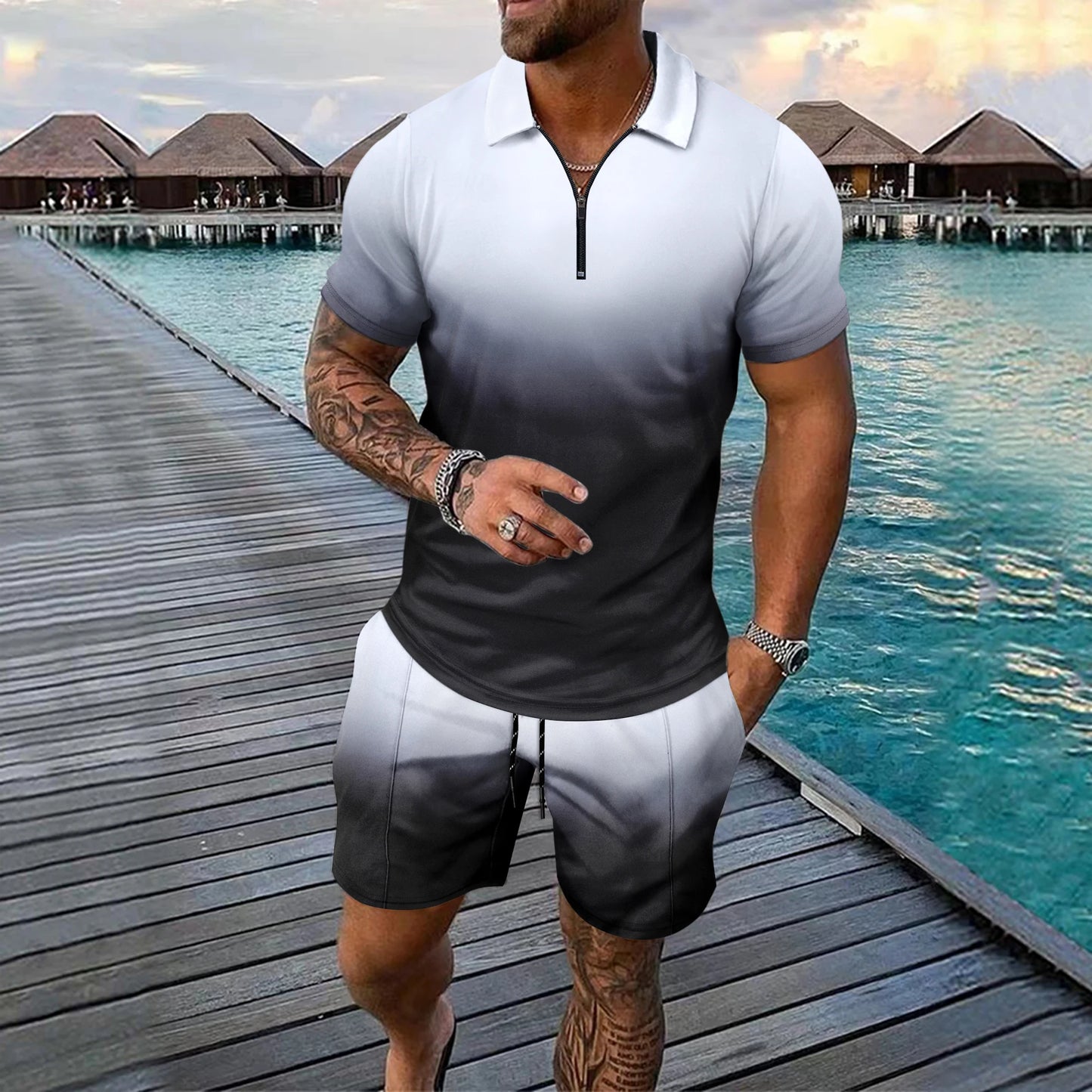 Interessante set da uomo a maniche corte con stampa a quadri 3D, camicia polo con cerniera alla moda, completo estivo ampio, set di t-shirt Ropa Hombre