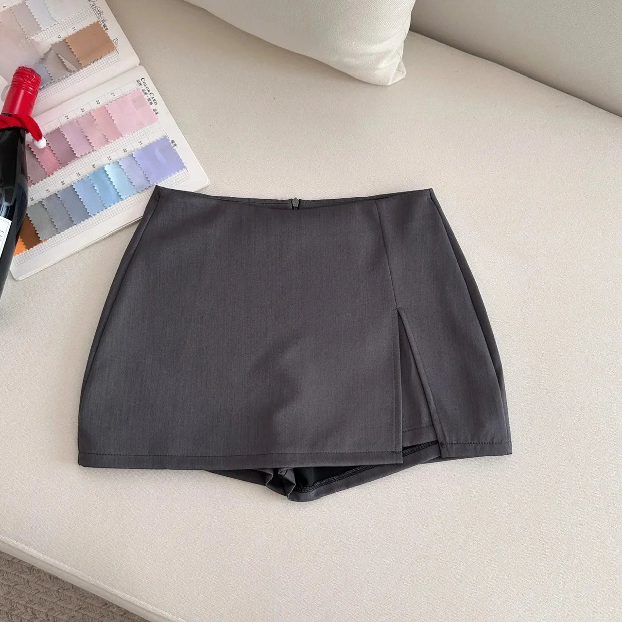 Slim Fit A- Line Mini Skirt with Slits for Women Summer Business Casual Anti-Light Short Skirt Trendy Polyester Fiber