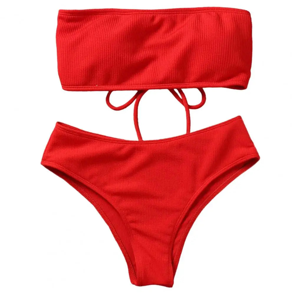 Costume da bagno da donna con imbottitura sul seno, senza ferretto, vita alta, due pezzi, fascia, slip da bagno, bikini diviso, abbigliamento da spiaggia 80%