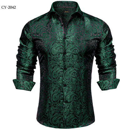 Camicie da uomo a maniche lunghe in seta e poliestere, camicie eleganti di lusso, camicie da smoking con colletto rovesciato e motivo paisley, abbigliamento da uomo