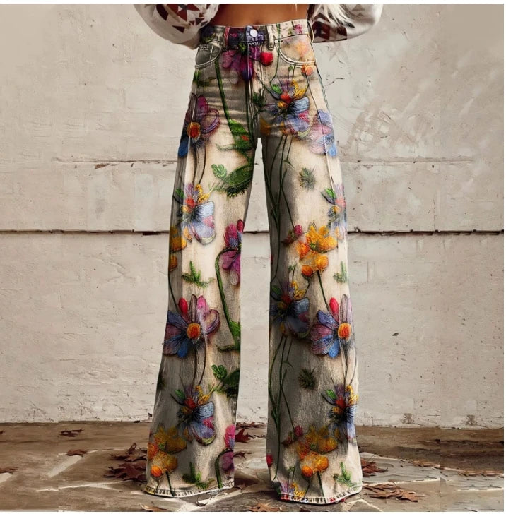 Cross-border Sale of Large-sized Women Casual Pants for European American Trade Thin Style Imitating copy Jeans Wide-leg Fashion