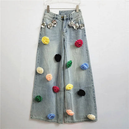 DEAT 2024 Autumn Fashion New Items Flower Sequin Decoration Jeans For Women High Waist Straight Wide Legs Denim Pants 11A0521