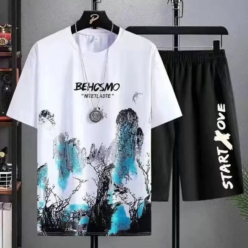 Completo estivo 2025 da uomo, sottile e casual, con stampa manga graffiti, composto da maglietta e pantaloncini. Set di t-shirt da uomo comode e traspiranti con stampa di alta qualità.