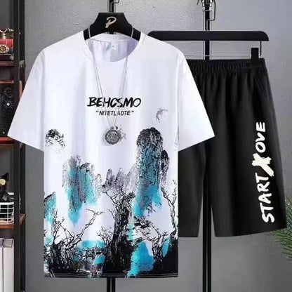 Completo estivo 2025 da uomo, sottile e casual, con stampa manga graffiti, composto da maglietta e pantaloncini. Set di t-shirt da uomo comode e traspiranti con stampa di alta qualità.