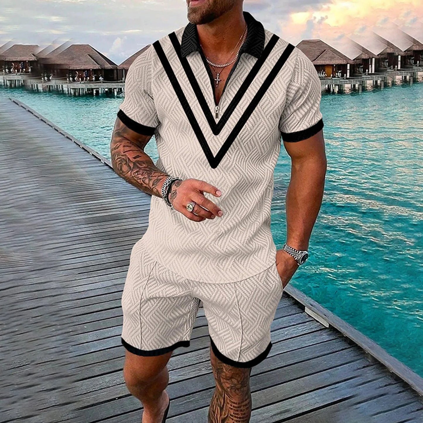 Completo estivo da uomo con stampa 3D, composto da polo con cerniera e pantaloncini, 2 pezzi, stile boho geometrico, abbigliamento per le vacanze.