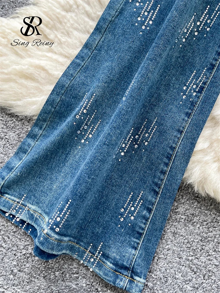 SINGREINY Autumn Diamond Denim Long Pants Women's Pockets Bodycon Hotsweet Casual Trousers Fashion Shiny Retro Wide Leg Jeans