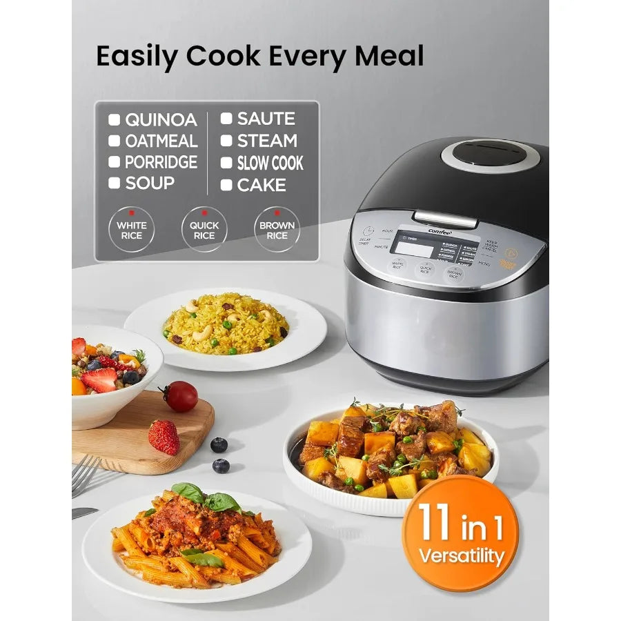 Cuociriso portatile antiaderente da 12 tazze cotte e 6 tazze crude con tecnologia Fuzzy Logic, timer di ritardo di 24 ore, 11 preimpostazioni per la cottura a vapore