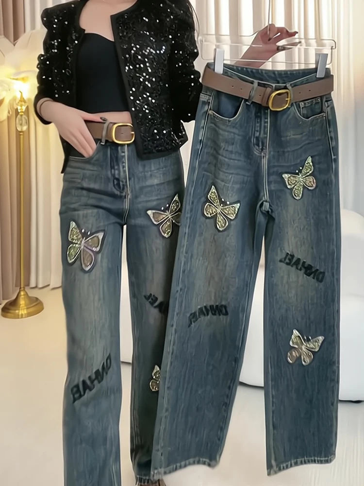Jeans larghi a gamba dritta da donna, pantaloni a gamba larga ricamati e personalizzati, prodotti europei