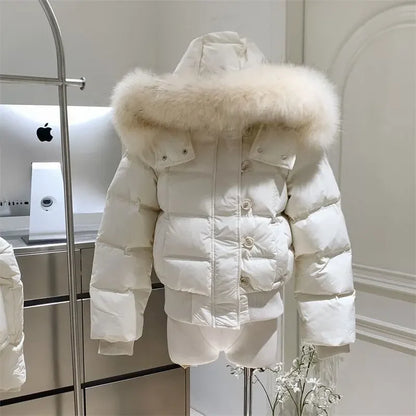 High-end off-white hooded fur collar cotton women's 2025 new winter Korean style versatile thickened warm cotton coat