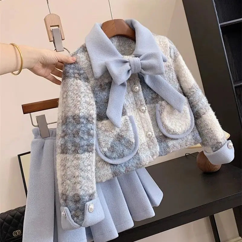 Completi Autunno Inverno Abbigliamento per Bambini Spessi Completo Principessa per Bambini 2 Pezzi Moda Bambina Cappotto Blu Caldo + Gonna A Plisse Eleganza Caldo