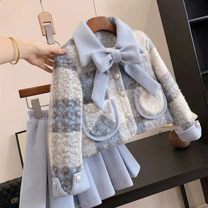 Completi Autunno Inverno Abbigliamento per Bambini Spessi Completo Principessa per Bambini 2 Pezzi Moda Bambina Cappotto Blu Caldo + Gonna A Plisse Eleganza Caldo