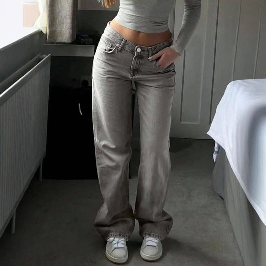 Pantaloni in denim grigio chiaro stile retrò da donna, vita alta, vestibilità ampia, gamba dritta, taglio slim, stile vintage artistico.