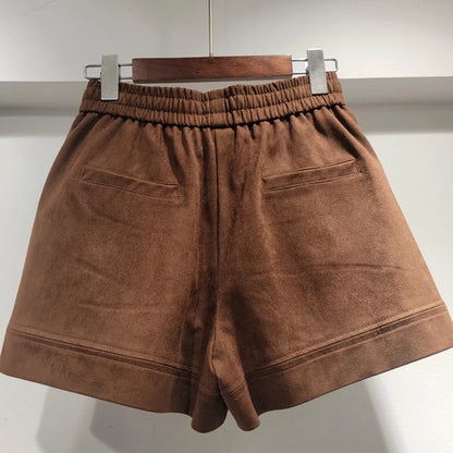 DEAT Fashion Loose Zipper Suede Short Coat For Women Drawstring Elastic Wasit Wide Leg Shorts Female Trendy 11A06048