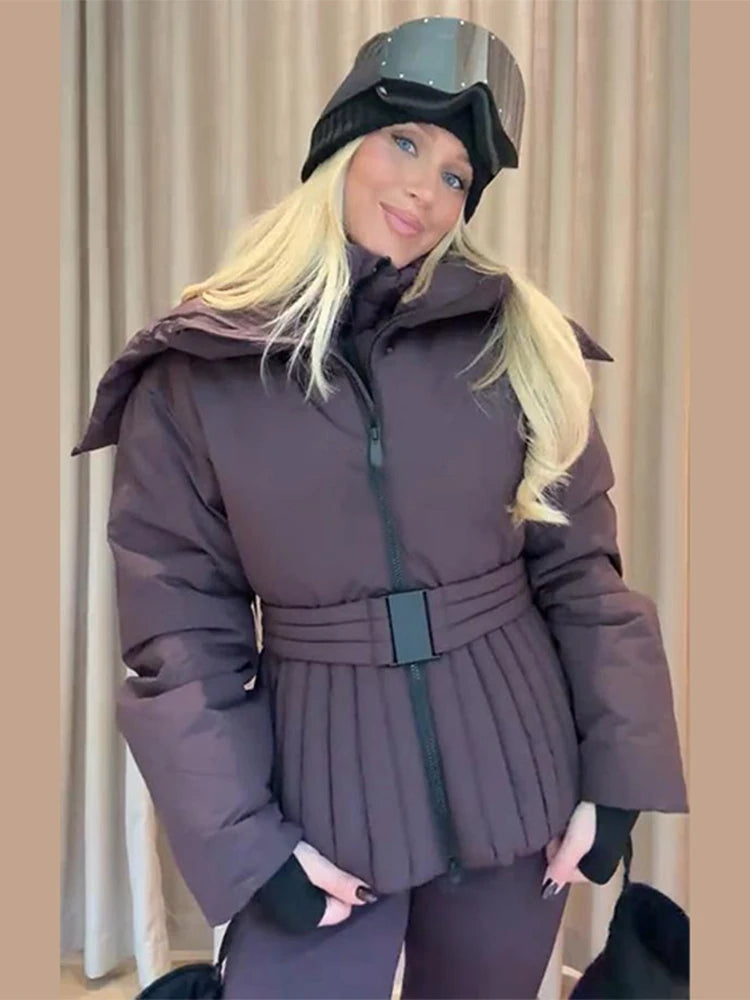 Women Hooded Tie-Waist Ski Suit Pink Flared Leg Fur Trim Water-Resistant Fabric 2025 Winter Outerwear Fashion Sweet Snow Suit