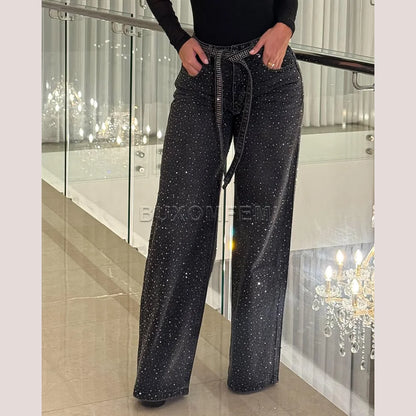 Women's Wide Leg Loose Jeans Drilled Straight Leg Pants 2025 Stylish Baggy Trousers Ladies Fashion Y2K Streetwear Outfit Bottoms