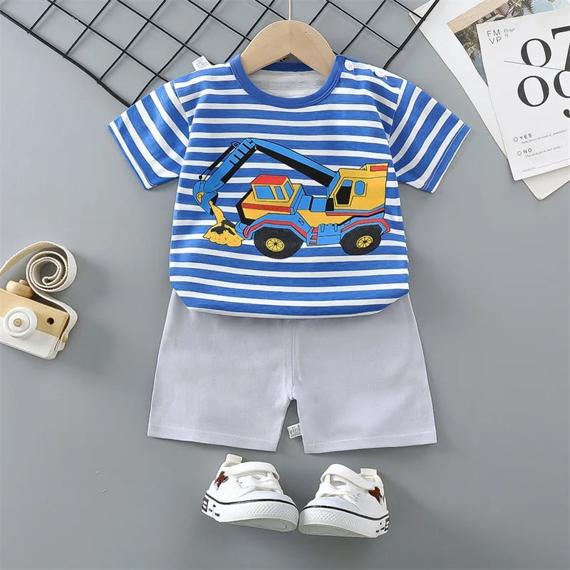 Completo pigiama 2 pezzi maglietta + pantaloncini in cotone con orsetto e dinosauro dei cartoni animati per bambini e bambine, tuta estiva casual per bambini e bambine da 1 a 4 anni