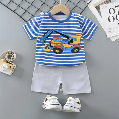 Completo pigiama 2 pezzi maglietta + pantaloncini in cotone con orsetto e dinosauro dei cartoni animati per bambini e bambine, tuta estiva casual per bambini e bambine da 1 a 4 anni