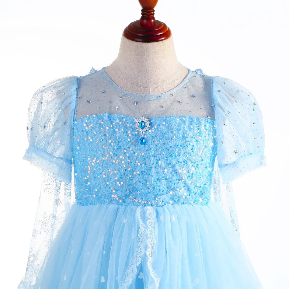 Abito da principessa Elsa per cosplay, blu, in rete con paillettes, per bambina, ideale per feste di compleanno, carnevale e Halloween, adatto a bambini dai 2 ai 10 anni.