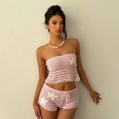 Sexy Knitted Beach Women Set Backless Deep V-neck Sleeveless Crop Top Shorts Suit 2026 Summer Holiday Stripe Lady Mini Pant Sets